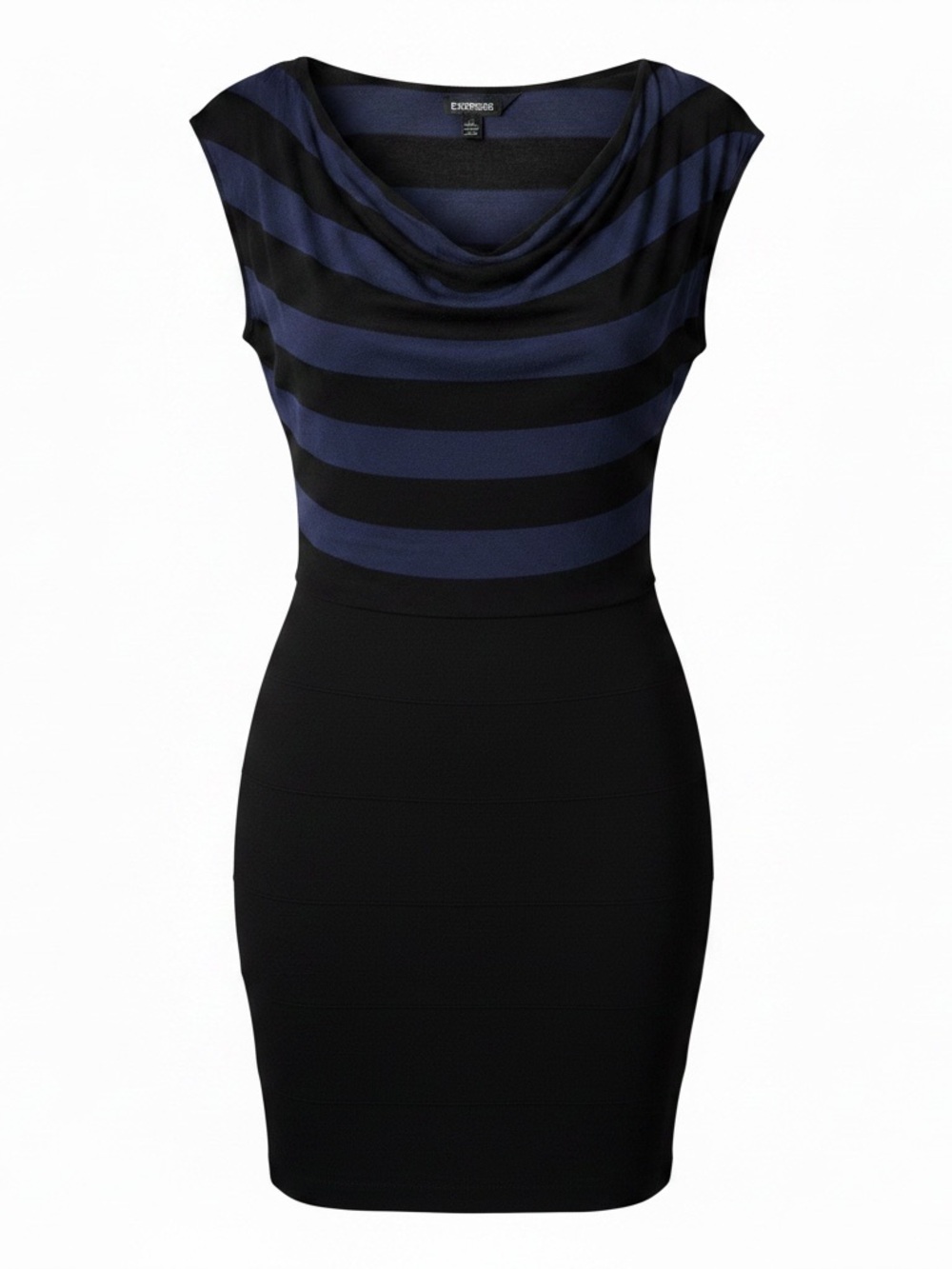 Express Striped Cowl Neck Bodycon Dress Navy Blue Black Ruched Mini Knit Size S